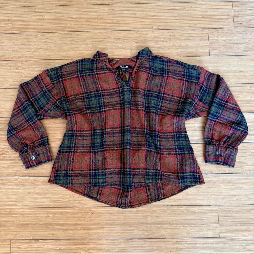 Madewell Plaid Wool Blend Top XS Mini Collar V Neck Fall